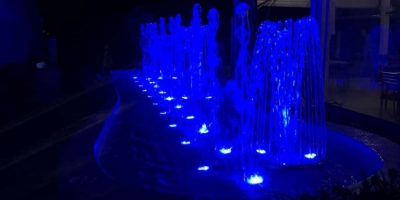 blue lit fountain