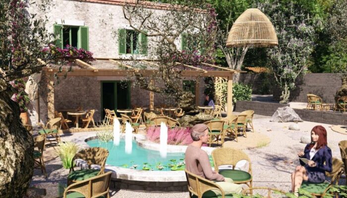 Σχεδιασμος εξωτερικου χωρου με σιντριβανι