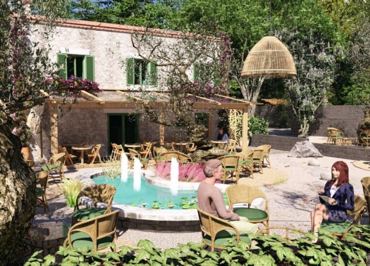 landscape design render with fountain